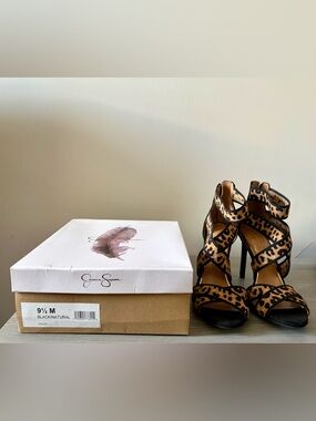 Jessica Simpson Leopard-Print Strappy High Heels in Black and Brown